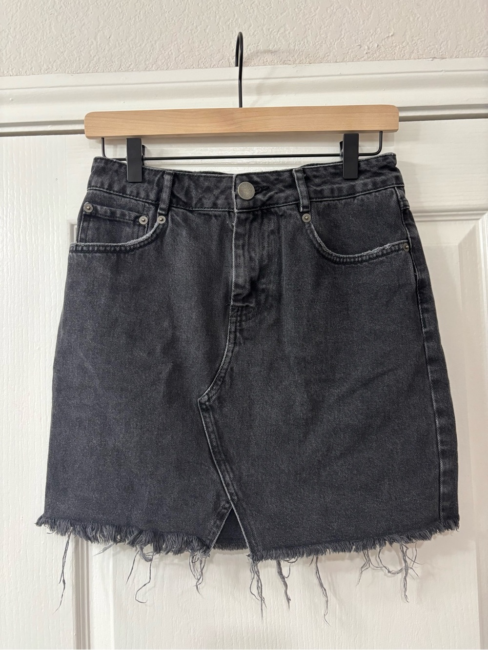 ASOS Washed Black Denim Mini Skirt with Frayed Hem